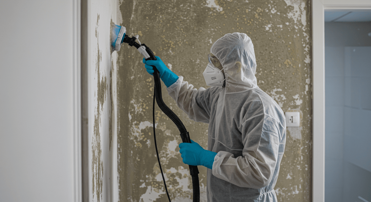 A professional technician in protective gear is actively removing mildew from a wall, showcasing the remediation process.