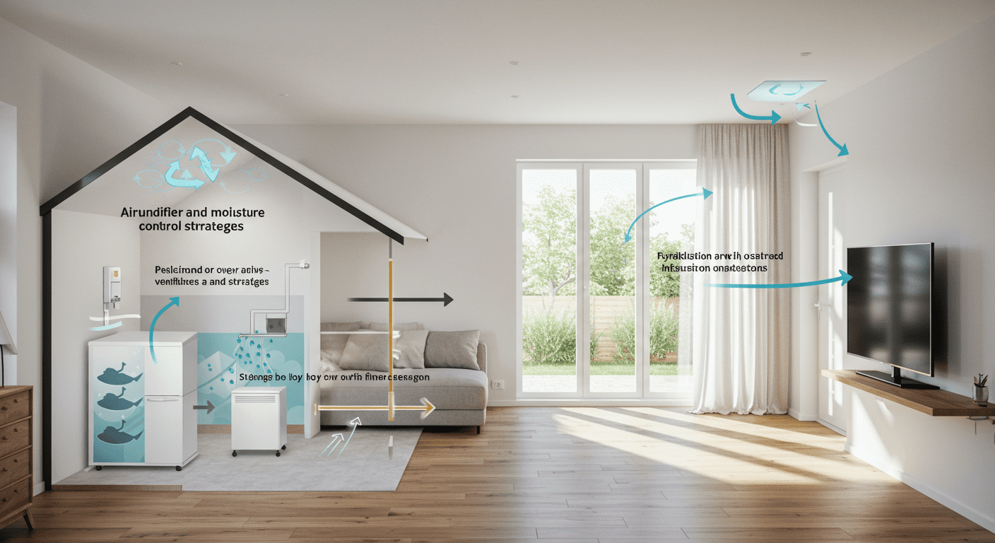 An illustration of a home with arrows indicating airflow and moisture control strategies, such as dehumidifiers and ventilation systems. The background should depict a bright, airy interior space.