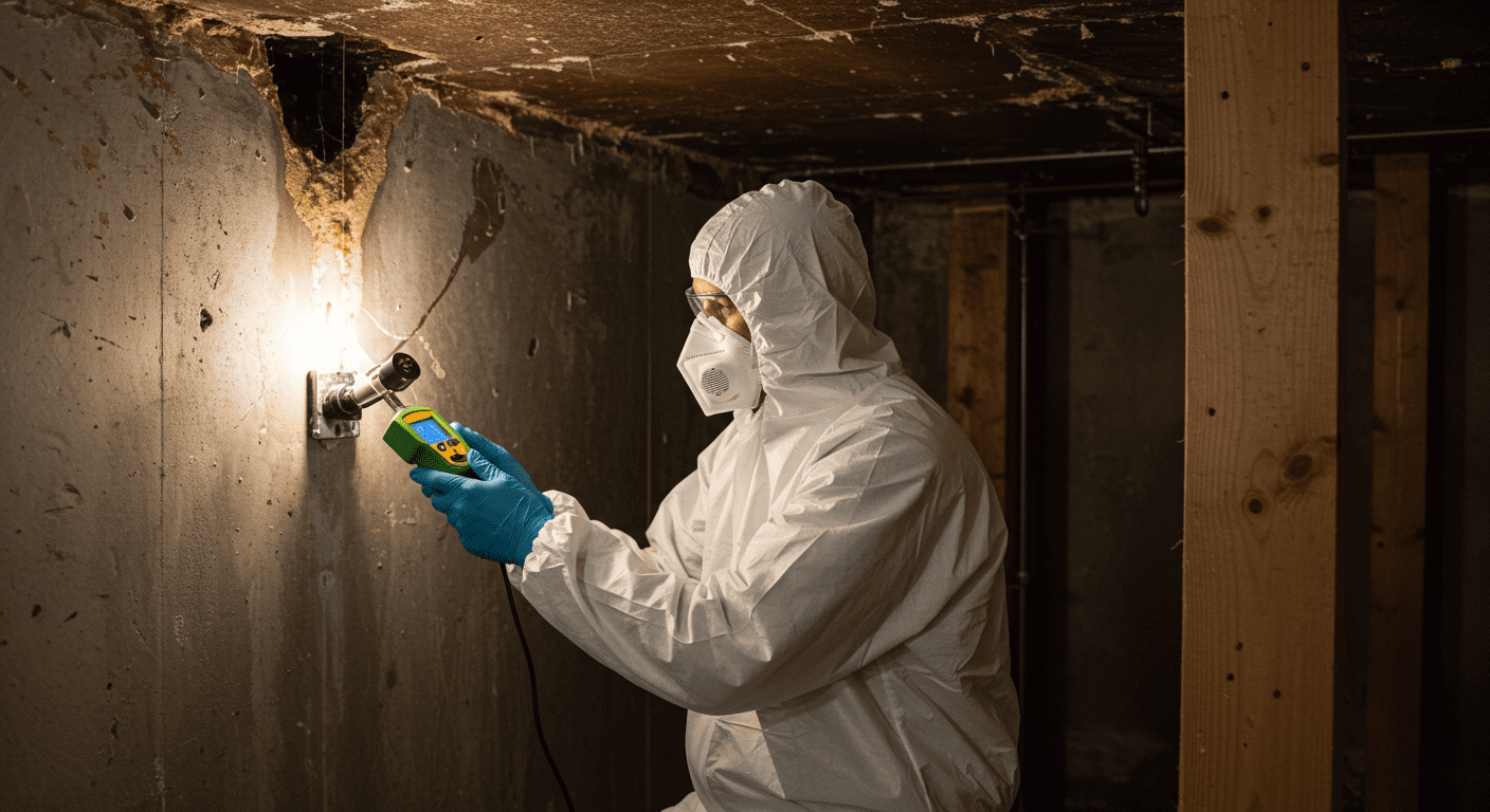 A professional mold remediation technician in protective gear inspecting a damp corner of a basement, using a moisture meter to assess mold levels.