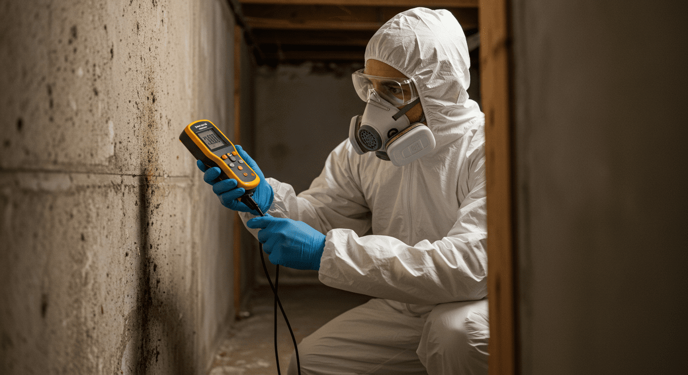 A professional mold inspector in protective gear examining a wall with a moisture meter, highlighting the inspection process.