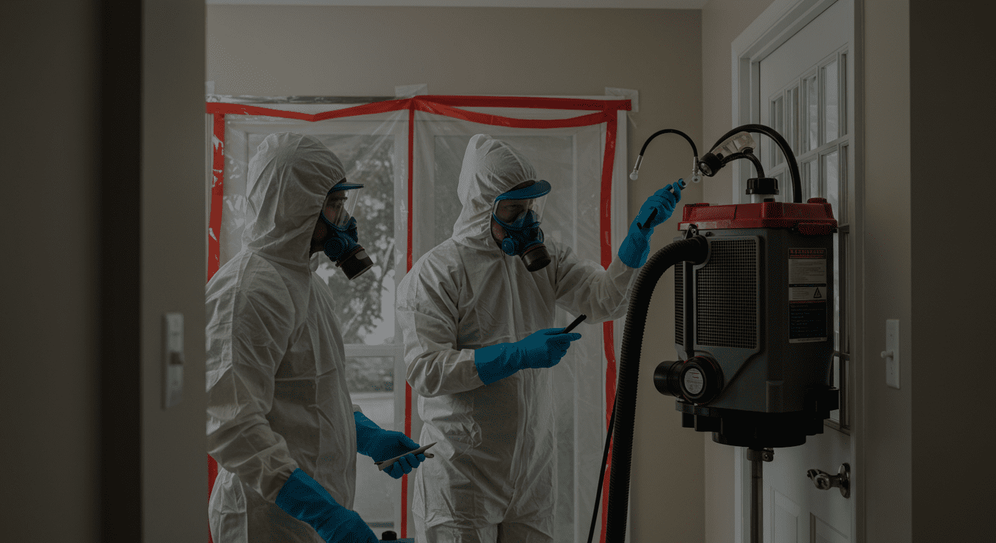 A professional mold remediation team in protective gear working in a home. The image captures the process of removing mold, with equipment like air scrubbers and containment barriers visible.