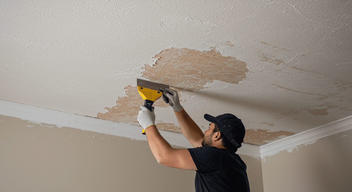 A professional contractor carefully scraping off popcorn ceiling texture in a well-lit living room. The ceiling shows a clear contrast between the textured area and the smooth surface being revealed.