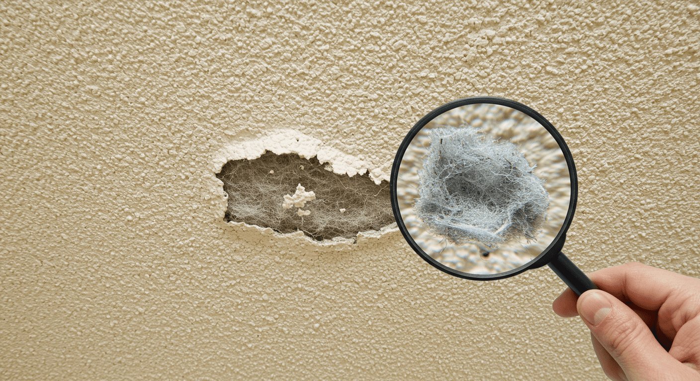 A close-up of a popcorn ceiling texture with a magnifying glass highlighting potential asbestos fibers.