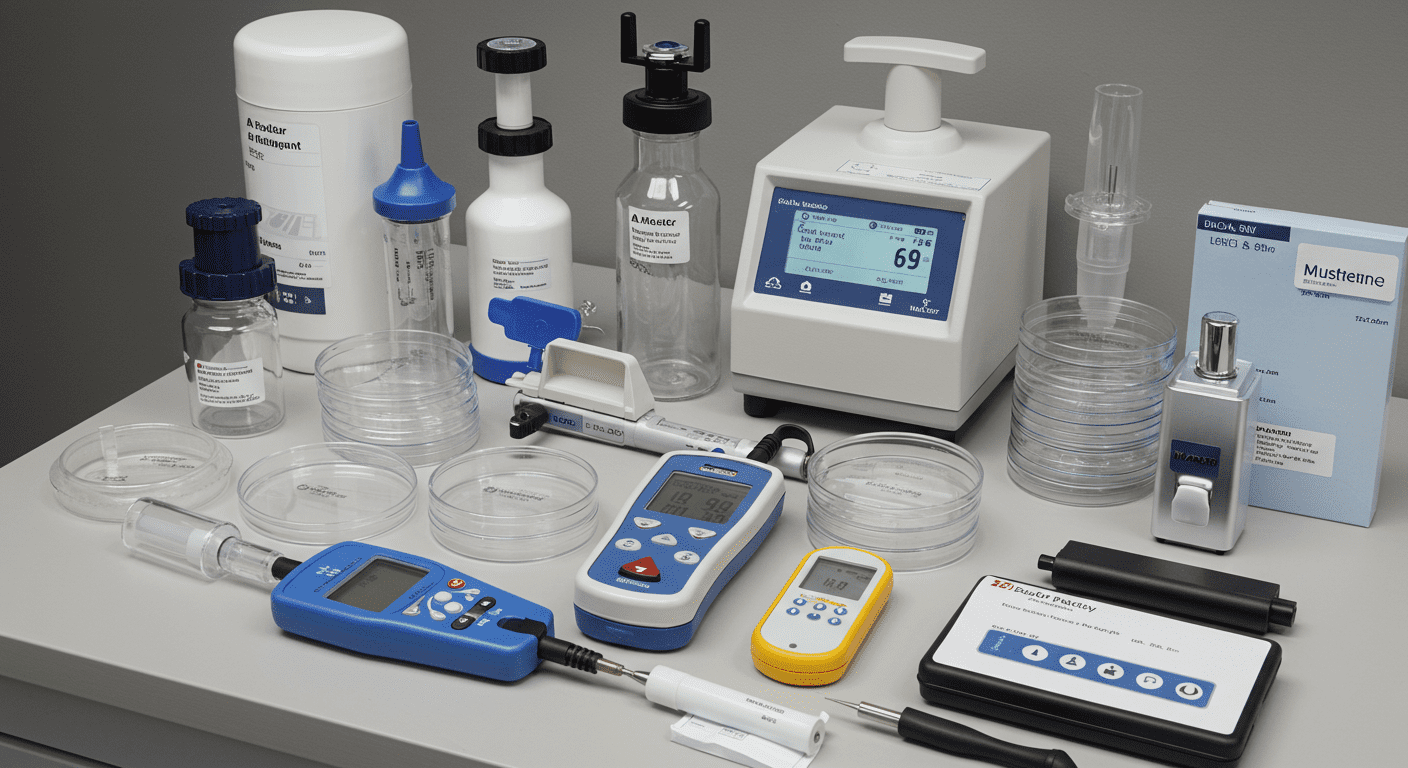 An organized display of various mold testing equipment and tools on a clean surface, including air sampling pumps, petri dishes, and moisture meters.